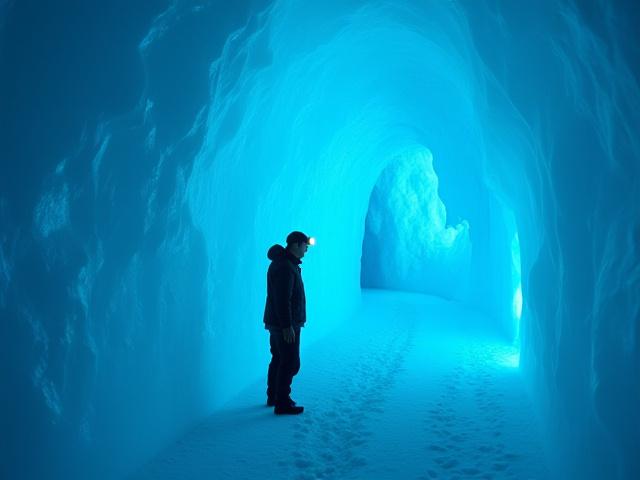 Person exploring an ethereal blue ice cave with shimmering walls