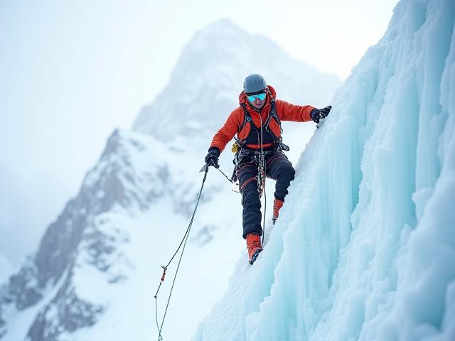 Climber ascending a snow-covered mountain face with ice axes
