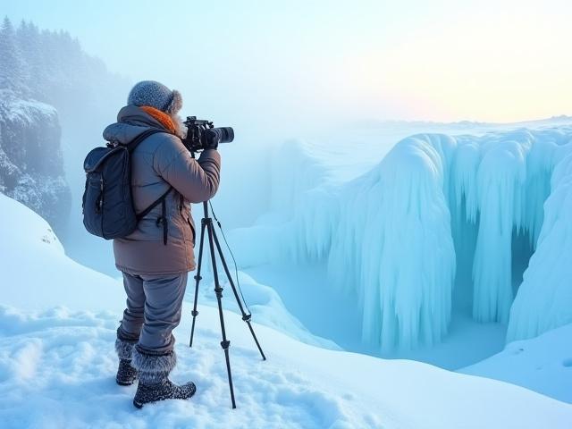 Photographer with camera on tripod capturing a dramatic winter landscape