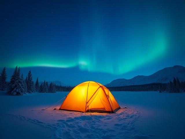 Tent setup in a snowy wilderness under a starlit sky