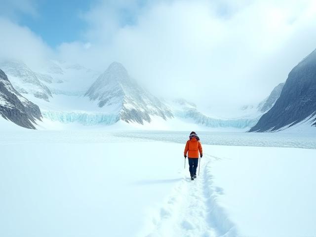 A lone trekker standing on a vast glacier, overlooking mountain range