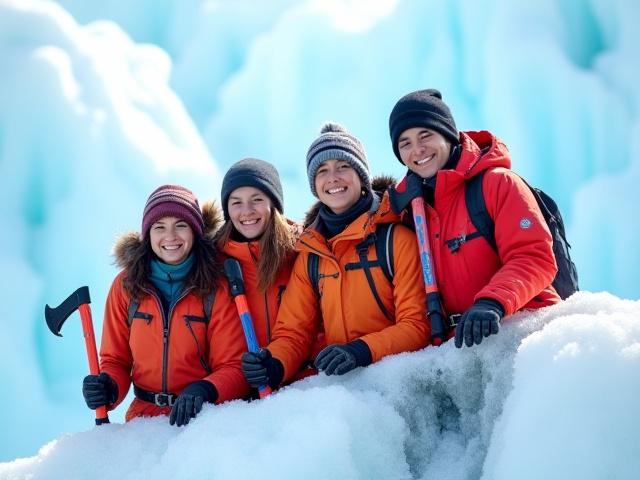 Group of adventurers with ice axes on ice formation