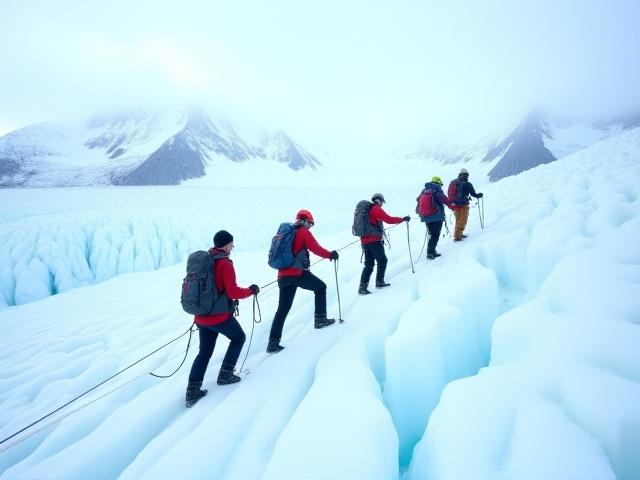 People hiking on a vast glacier, roped together for safety, with stunning ice formations around them.